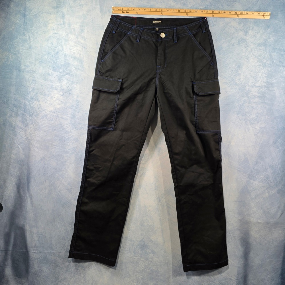 True Religion Mens Cargo Pants Jet Black Pacific Blue Stitch 108335 Size 32 NWT